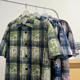 WIAOFELLAS  -  Plaid Ice Feel Tie Dye Short Sleeve Shirt Men Women Casual Loose Plus Size Shirt Thin Fabtic Pink Blue Green Clothes