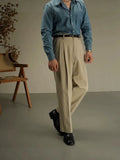 Wiaofellas  -  Fashionable Pleated Suit Trousers Loose Fit Bottoms For Male Mens Old Money Style Autumn Solid Color Pants Daily Outdoor