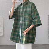 WIAOFELLAS  -  Trendy Vintage Men's Plaid Short Sleeved Casual Trousers Fashion Summer Single-breasted Turn-down Collar Shirts Male