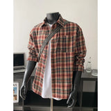 WIAOFELLAS  -  Men's Vintage Spring Shirt, Contrast Plaid Long Sleeve Casual, Red and Brown Check Options, Loose Fit for Smart Daily Wear