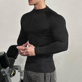 WIAOFELLAS  -  Men T Shirt Solid Color Zipper Long Sleeve Turtleneck Male Tee Tops Streetwear Workout Fashion Casual Men Clothing S-3XL