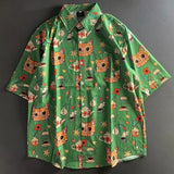 Wiaofellas  -  New Summer Graffiti Cartoon Cat INS Retro Short Sleeve Floral Shirt Hawaiian Beach Coast Outerwear Breathable Polyester Casual