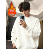WIAOFELLAS  -  Korean Loose Fit Thiened ey round Ne Sweater Men's Autumn Winter Fce Lined Knitted irt American Sle Base Layer