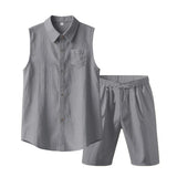 Wiaofellas  -  Men's Linen Sleeveless Shirt and Shorts Set Casual Two Piece Outfit