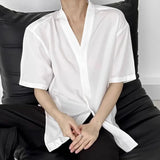 WIAOFELLAS  -  Summer New Men's V-neck Solid Color Thin Short Sleeve Shirt Retro Fashion Trend Casual Simple Loose Breathable Men's Tops