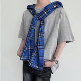 WIAOFELLAS  -  Fashion Men's Plaid Hooded Bandage design O-neck T-shirts Trendy Summer Casual Loose Short Sleeves Tops Male