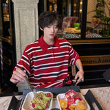 WIAOFELLAS  -  Trendy Men's Contrast Color Striped Buttons Design Loose T-shirt Fashion Casual Lapel Short Sleeves Tops Male Summer