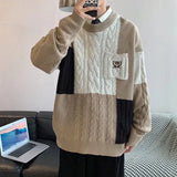 WIAOFELLAS  -  Oversized Men Sweater Fashion Knitted Embroidery Bear Pullovers Spring Lazy Long Sleeve Streetwear Patchwork Klein Blue Sweater