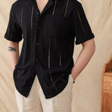 WIAOFELLAS  -  Mens Shirt Hollow Breathable Casual Vacation Shirt Summer Fashion Plain Thin Beach Short-Sleeved Top Men'S Clothing 2025 New