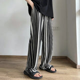 Wiaofellas Summer Pleated Pants Men Fashion Oversized Ice Silk Pants Men Streetwear Korean Loose Straight Striped Pants Mens Trousers M-2XL