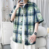 WIAOFELLAS  -  Plaid Ice Feel Tie Dye Short Sleeve Shirt Men Women Casual Loose Plus Size Shirt Thin Fabtic Pink Blue Green Clothes
