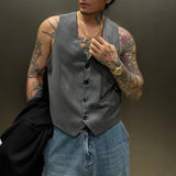WIAOFELLAS  -  Mens Vest Sleeveless Retro Urban Layering Piece Suit Vest Slim Fit Vintage Essential Gray Waistcoat Trendy Button Unisex Vest