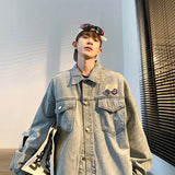 WIAOFELLAS  -  Retro Badge Denim Jacket Men's New Handsome Top Trendy Brand Loose Lapel