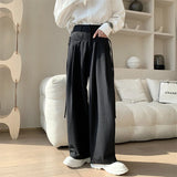 Wiaofellas  -  New Streetwear Mens Trendy High Waist Trousers Summer Vintage Pleated Loose Pockets Wide Leg Pants Solid Color Men Casual Pants