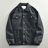 Wiaofellas  -  Men's Spring Chic vintage black denim jacket jacket lapel loose casual top