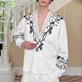 WIAOFELLAS  -  Men Shirt Stain Deep V Neck Long Sleeve Embroidery Casual Men Clothing Streetwear Loose Fashion Male Shirts Camisa S-5XL