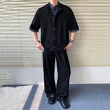 WIAOFELLAS  -  Korean Style Men's Sets Fake Two-piece Stand Collar Pathwork Short Sleeevd Sweatshirts Straight Wide Leg Male Pants