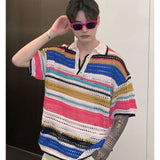 WIAOFELLAS  -  New Summer Youthful Vitality Hip-hop Fashion Niche Lapel Hollowed Out Color Block Stripes Loose Casual Dopamine T Shirt Men