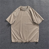 WIAOFELLAS  -  Heavy washing process short sleeve T-shirt men's American fashion loose off shoulder sleeve heavy round neck cotton solid color