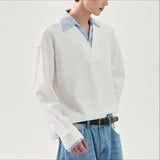 WIAOFELLAS  -  Men Shirt Patchwork Lapel Long Sleeve Korean Style Casual Men Clothing Streetwear Loose Fashion Male Shirts S-5XL