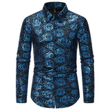 Wiaofellas  -  Men Long Sleeve Shirts Floral Bronzing Turndown Collar Mens Dress Shirt Stage Male Luxury Clothes Chemise Hemd Homme Shirts S62