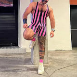Wiaofellas  -  Sports Fitness Slim Fit Leotard Mens Sexy Sleeveless Straps Jumpsuits Summer Vintage Striped Printed Shorts Romper Overalls Men