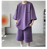 WIAOFELLAS  -  Fashion Men's Suit Solid Color Letter Print O-neck T-shirt Trendy Drawstring High-waisted Shorts Set Male Summer