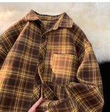 WIAOFELLAS  -  Retro Plaid Long Sleeve Shirt Men Spring Fall Loose Shirt Turn-down Collar Blouse Hip Hop Streetwear Male Shirts
