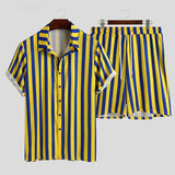 Wiaofellas  -  Fashion Stripe Print Beach Two Piece Set  Men Short Sleeve Lapel Shirts And Shorts Casual Suits Summer Hawaiian Outfits Male
