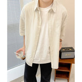 WIAOFELLAS  -  Men's Oversized Striped Casual Shirt - Korean Fashion Trend Short Sleeve Button-Down Collared Top  Stylish Layered Streetwear