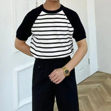 WIAOFELLAS  -  T-shirts Men Simple Mature Daily Casual Summer Striped Fashion Breathable All-match Korean Style Shinny Cozy Soft Handsome New