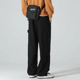 WIAOFELLAS  -  Men's Clothing Spring Autumn Straight Trousers Cargo Solid Color Elastic Pocket High Waisted Casual England Style Cropped Pants