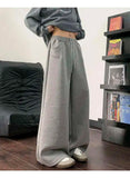 WIAOFELLAS  -  Koreann Style Men Sweatpants Casual Solid Color Drawstring Straight Fleece Bottom Elastic Waist Wide Leg Male Pants