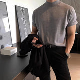 Wiaofellas  -  Men Luxury Mock Neck Short Sleeve T-shirts Summer Casual Solid Color Slim Fit Knitwear Korean Fashion Half Turtleneck Tops