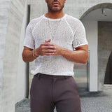 Wiaofellas  -  New Fashion Solid Color Hollow Knit T-shirts Men Spring Summer Leisure O Neck Basic Tops Mens Clothing Casual Short Sleeve Tees