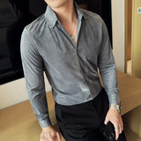 WIAOFELLAS  -  Retro British Style Velvet Men Shirt High Quality Handsome V-Neck Long Sleeve Male Dress Shirts Fashion Streetwear Mens Clothing