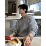 WIAOFELLAS  -  Black Lapel Sweater Men Warm Zipper Knitted Pullover Men Streetwear Korean Loose Long Sleeved Sweater Mens Jumper Clothes