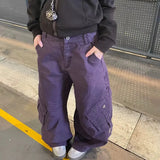 Wiaofellas  -  Unisex Vintage Purple Cargo Pants Multi Pockets Metal Rivet Loose Curved Wide Leg Baggy Trousers Y2K Streetwear Casual Denim