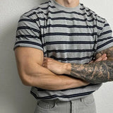 WIAOFELLAS  -  Plus Size Men's T-Shirt 2025 Summer New Cotton Striped Casual Tee Korean Loose Fit Round Neck Color Block Short Sleeve Top