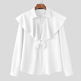 WIAOFELLAS  -  Men Shirt Solid Color Ruffle Lapel Long Sleeve Casual Men Clothing Loose Streetwear Elegant Fashion Male Tops Camisas