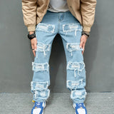 Wiaofellas  -  Autumn Stylish Men Ripped Patch Spliced Hip Hop Jeans Streetwear Loose Male Straight Denim Pants Trousers