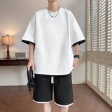 Wiaofellas  -  Tracksuit Men Shorts Sets Solid Color Loose O-neck Short Sleeve T Shirt & Drawstring Shorts 2PCS Summer Sports Suit for Men
