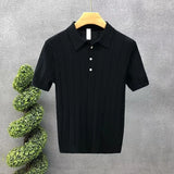WIAOFELLAS  -  Casual Men's Slim Elastic Knitted Polo Shirt 2024 Spring Summer Short Sleeve Lapel Button Knit Tops Men Clothes Fashion Pullover