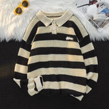 WIAOFELLAS  -  Retro POLO Lapel Striped Sweater Men's College Contrasting Color Loose and Versatile