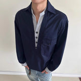 Wiaofellas  -  American Retro Old Money Style Contrasting V-neck Long-sleeved Shirt for Men Spring and Autumn Loose Fake Two-piece Shirt