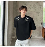 WIAOFELLAS  -  Stylish Men's T-shirts Metal Buckle Patchwork Round Collar Solid Color Niche Tops Short Sleeved Loose Male Tees