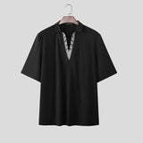 Wiaofellas  -  Men Shirt Lapel Short Sleeve Patchwork Lace Up Casual Men Clothing Streetwear Korean Style Summer Fashion Male Tops