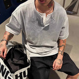 WIAOFELLAS  -  Trendy Summer Men's Fake Two-piece Buttons Design Casual T-shirts Fashion Short Sleeves O-neck Loose Tops Male