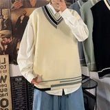 WIAOFELLAS  -  Men Sweater Vest Patchwork Simple Panelled Sleeveless Knit Sweaters Male Loose V-neck All-match Korean Preppy Style Streetwear