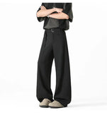 WIAOFELLAS  -  Belt Design Men's Suit Pants Solid Color Draping Ice Silk Deconstruction Straight Wide Leg Loose Male Bottom Summer